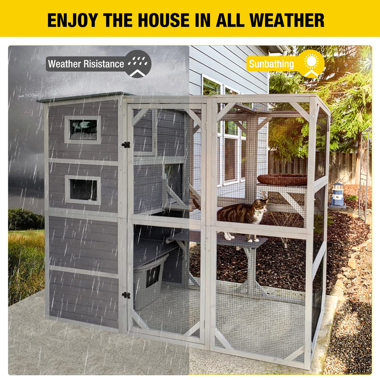 Aivituvin Large Cat Catio 4 Tiers Cat Enclosures House for Outdoor Indoor Cats with Weatherproof Roof, 3 Resting Rooms, 3 Platforms, 5 Windows 70" H 77" L Aivituvin