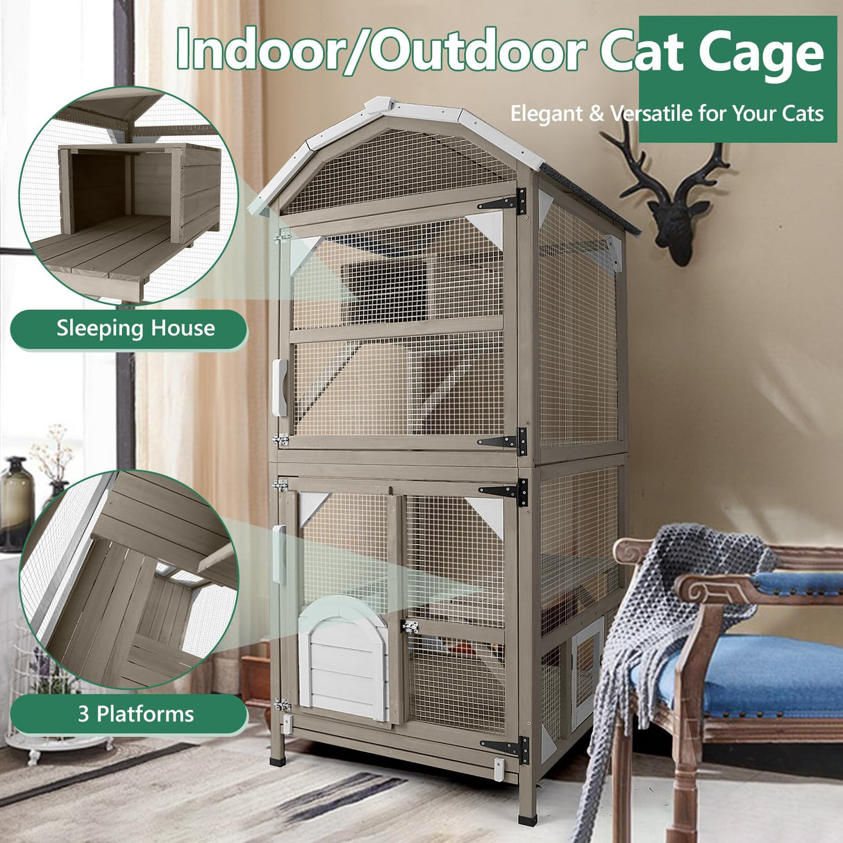 PetsCosset 71" Cat House Outdoor Catio Cat Enclosures, Indoor Kitty Cage Condo Attachable Window with 3 Platforms Waterproof Roof and Resting Box for Patio PetsCosset