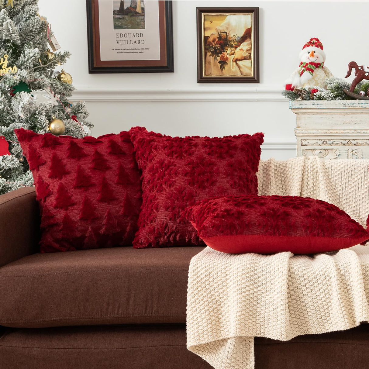 Christmas Pillow Covers 18'' x 18'' Set of 2, Soft Faux Rabbit Fur 3D Embroidery Snowflakes Throw Pillow Covers For Holiday Christmas Decor Sofa, Couch, Party, Invisible Zipper, Skin-Friendly TOYPOPOR