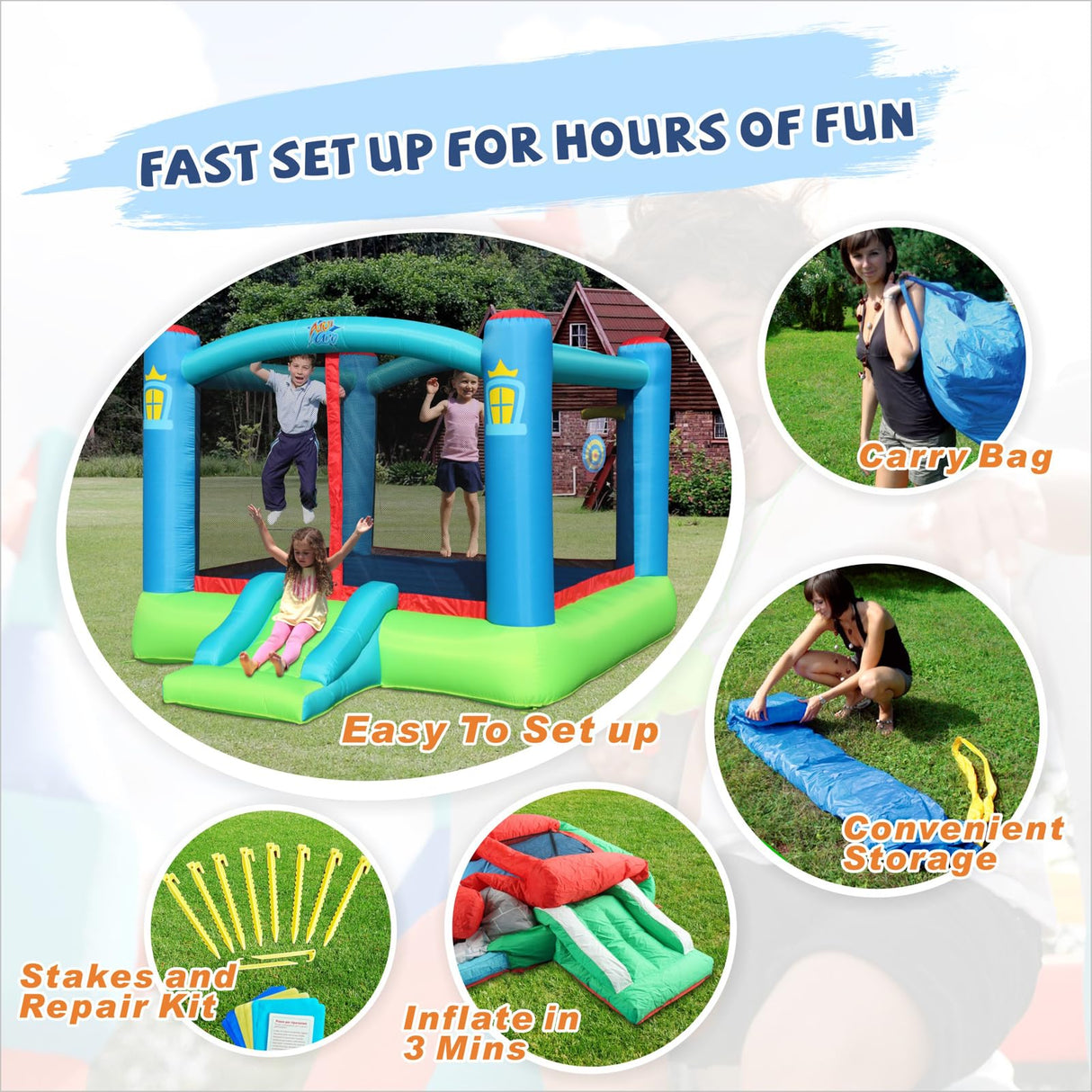 Action Air Bounce House, Outdoor Inflatable Bouncer with Blower, Large Jumping Area Bouncy Castle for Kids Action air