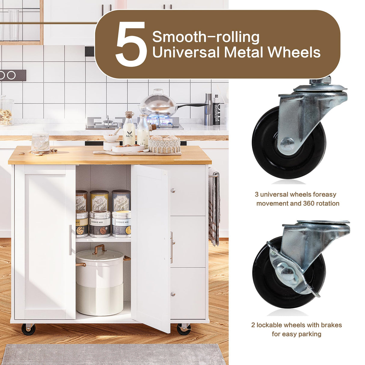 SUNLEI Kitchen Island on Wheels with Storage Cabinet & Foldable Drop Leaf, Rolling Kitchen Table, Cart Handle for Towel Rack, Drop Leaf, Portable Islands for Kitchen (Stylish White, 39.7-INCH) SUNLEI