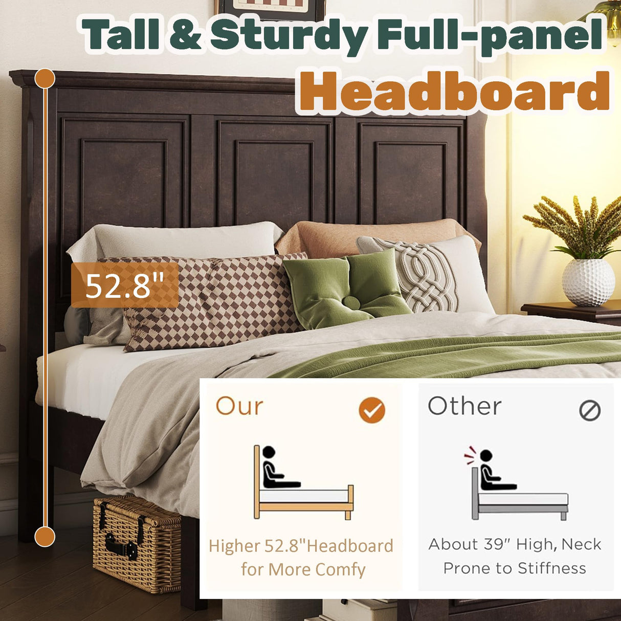 Mirightone Wood Queen Bed Frame with Tall Headboard and Footboard, Rustic Queen Panel Bed with Under Bed Storage, Farmhouse Style, Noise-Free, No Box Spring Needed, Antique Brown Mirightone