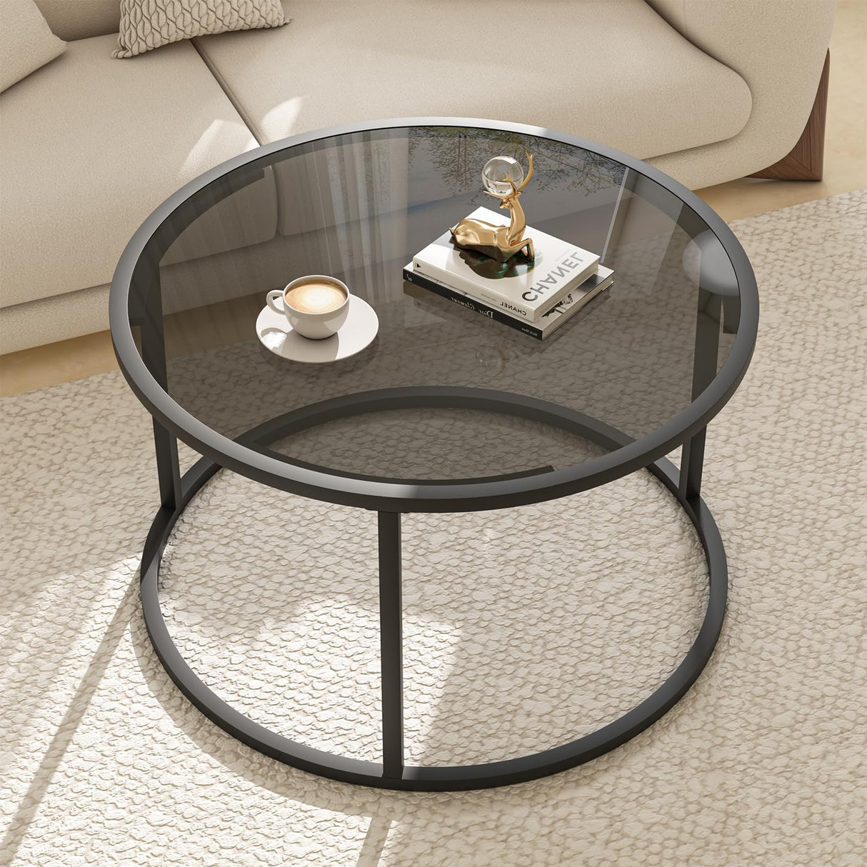 Glass Coffee Table Modern Center Table,Minimalist Round Coffee Tea Table,Tempered Glass-top with Sturdy Metal Frame for Living Room Bedroom Office and Small Space, 27 x 27 x 17 Inch,Gray Black Easy Paws