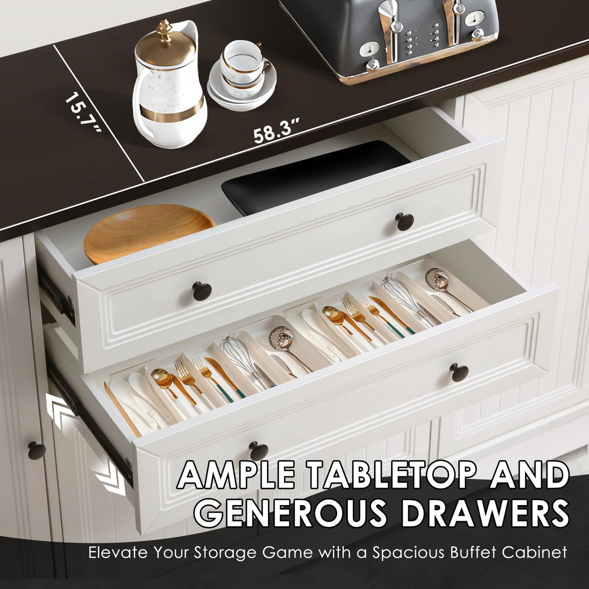 Grepatio 58" Farmhouse Sideboard Buffet Cabinet, Coffee Bar Cabinet with 2 Large Drawers & 4 Grooved Barn Doors, Wood Storage Cabinets for Dinning Room, Kitchen, Living Room, White Grepatio