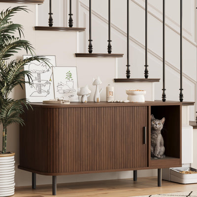 Cat Litter Box Enclosure with Cat Scratch Pad, Sliding Door, 37.4" Litter Box Enclosure Furniture Hidden Litter Box, Modern Indoor Cat House, TV Stand, Side End Table for Living Room, Walnut