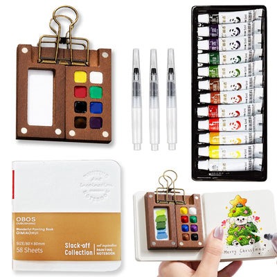 MUZMDNI Mini Watercolor Paint Set Portable, Travel Grid Paint Palette Box with Binder Clips Include 12 Colors Paint, Brush*3 and Picture Album Art Materials Coloring Markers (Brown Wood, S-8 Grids)