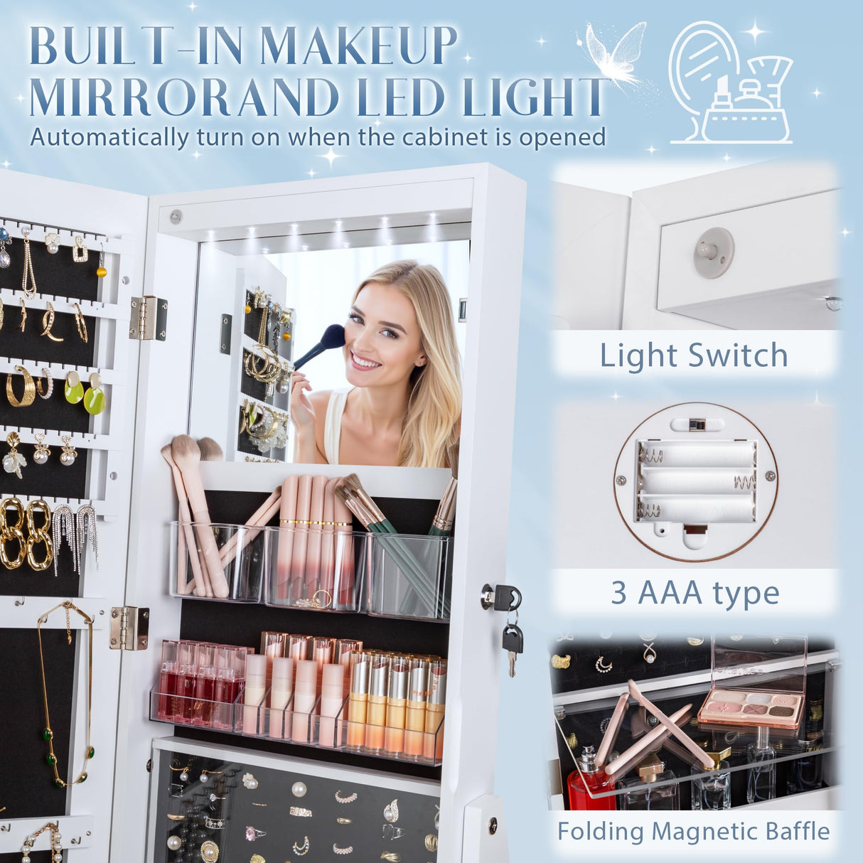 Furmax 360° Swivel Mirror Jewelry Cabinet with Lights, Full Length Mirror Jewelry Armoire Organizer, Standing Lockable Jewelry Storage Cabinet with 2 Drawers (White) Furmax