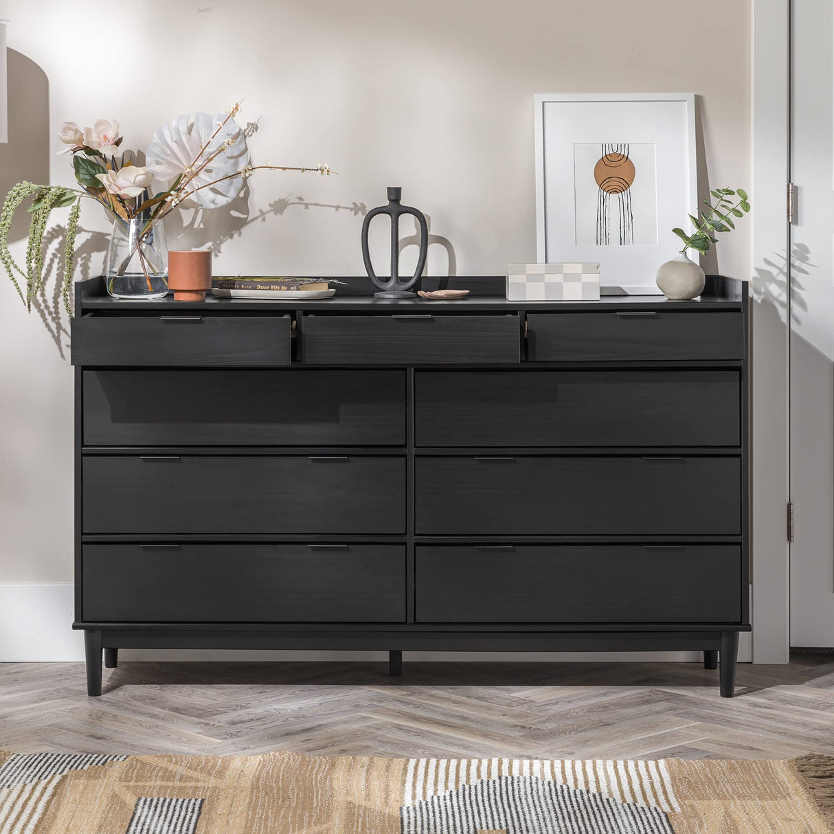 Walker Edison Blythe Mid-Century Modern Tray-Top Solid Wood 9-Drawer Dresser, 60 Inch, Black Walker Edison
