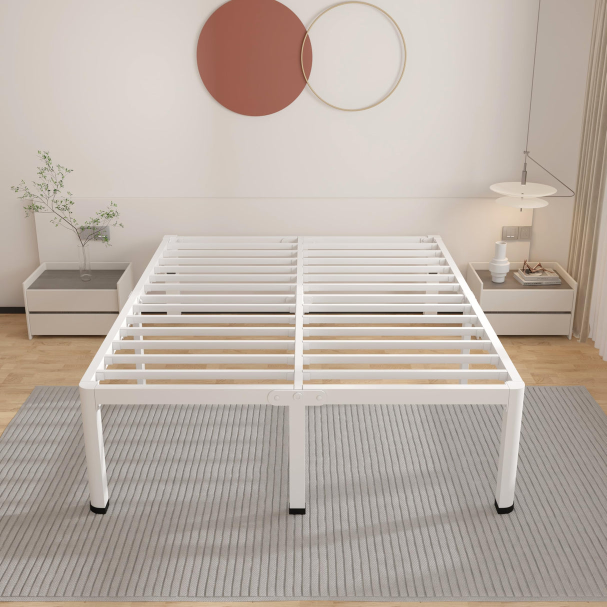 ROIL 14 Inch White Queen Bed Frame with Rounded Corner and Headboard Hole Mattress Retainers 3500LBS Heavy Duty Steel Slats No Box Spring Needed Platform Noise-Free Easy Assembly ROIL