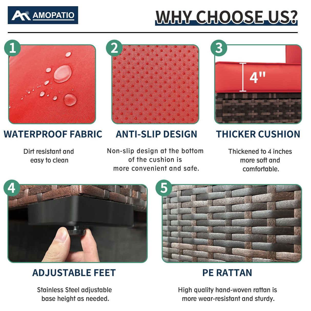 Amopatio Patio Furniture Set 7 Pieces Patio Conversation Set Outdoor Sectional Wicker Rattan Sofa with All-Weather Cover, Patio Furniture with Pillows Fits Porch Garden Backyard Balcony(Red) Amopatio