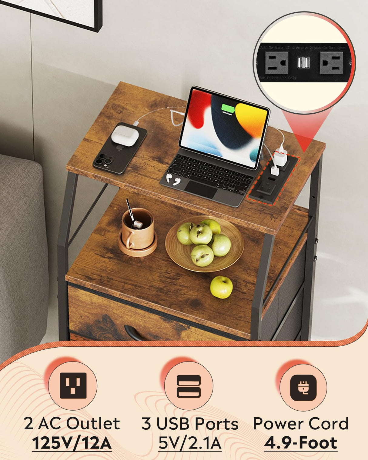 WLIVE LED Nightstand with Charging Station, Fabric Dresser with 5 Drawers for Bedroom, Tall Night Stand with Open Shelves, Bed Side Tables Living Room, Rustic Brown WLIVE