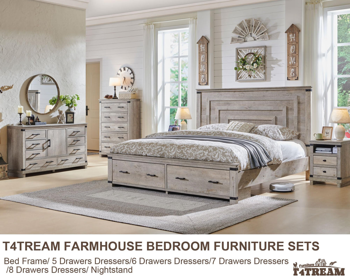 T4TREAM Farmhouse Queen Size Bed Frame with 54" Tall Geometric Headboard & 2 Large Storage Drawers, Rustic Wood Platform Bed with Wood Slats Support, No Box Spring Needed, Light Rustic Oak T4TREAM