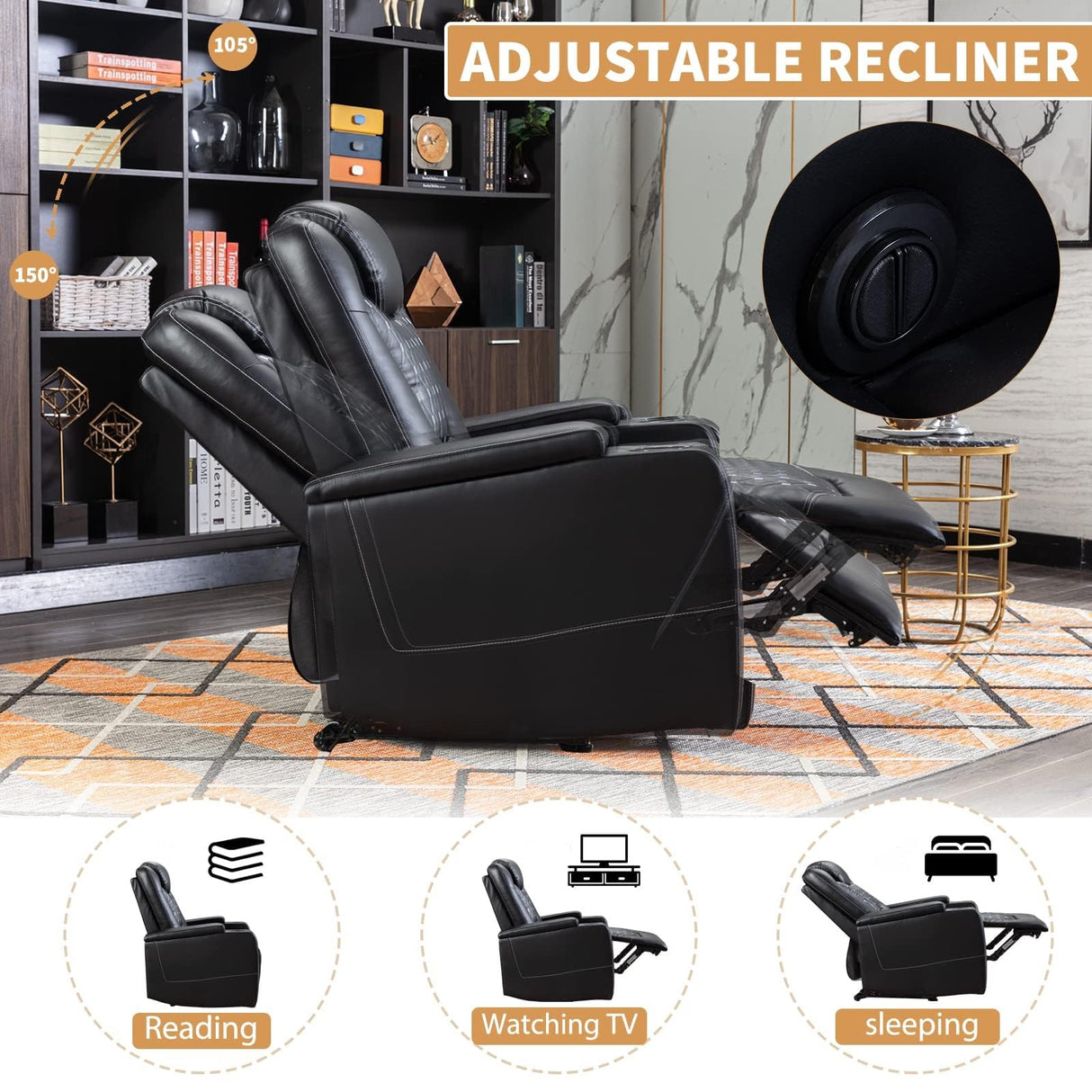 ANJ Power Recliner Chair with USB Ports and Cup Holders - Overstuffed Electric Home Theater Seating PU Leather Reclining Furniture with Hidden Arm Storage, Easy to Clean (Black) ANJ