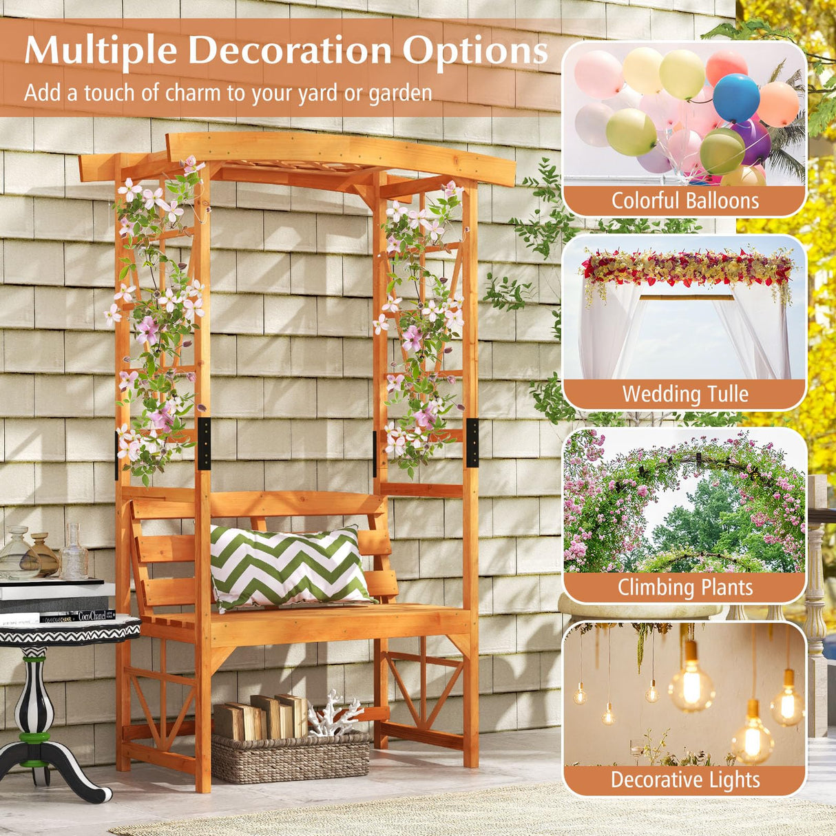 Giantex Garden Arbor with Bench - Wooden Garden Arch Trellis for Climbing Plants Vines, 2-Person Outdoor Bench, 48''W x 75''H Patio Archway for Lawn Wedding Party Ceremony Backyard Decor Giantex