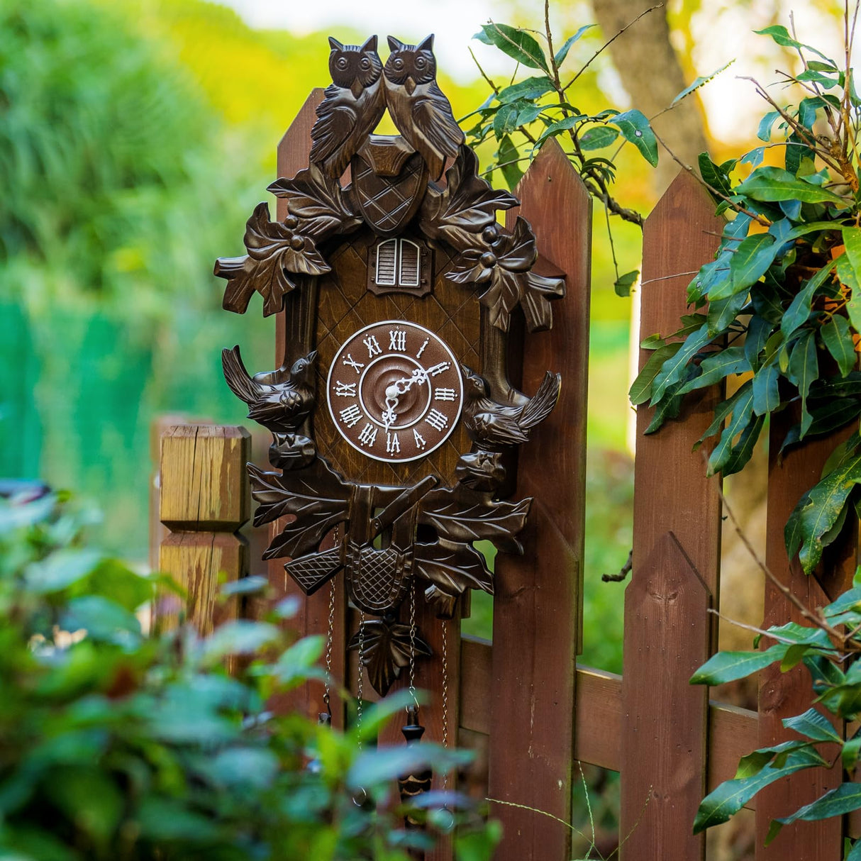 Ninefish Deep Chestnut 21x13 Dual Owl Roof Decorative Cuckoo Clock: Uniquely Beautiful, Illuminate Your Home! Night Mode, Quartz Movement, and Automatic Light Sensor Perfectly Integrated! Ninefish