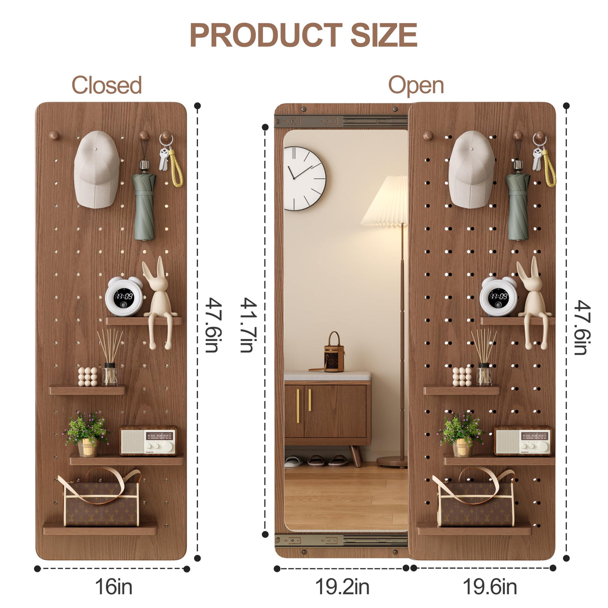Wall Mirror Full Length,Wood Mirror with Shelf,Rustic Mirror with Hooks Full Length Mirror Wall Mounted Mirror with Multifunctional Design Panel,Living Room,Entryway KungFuWood