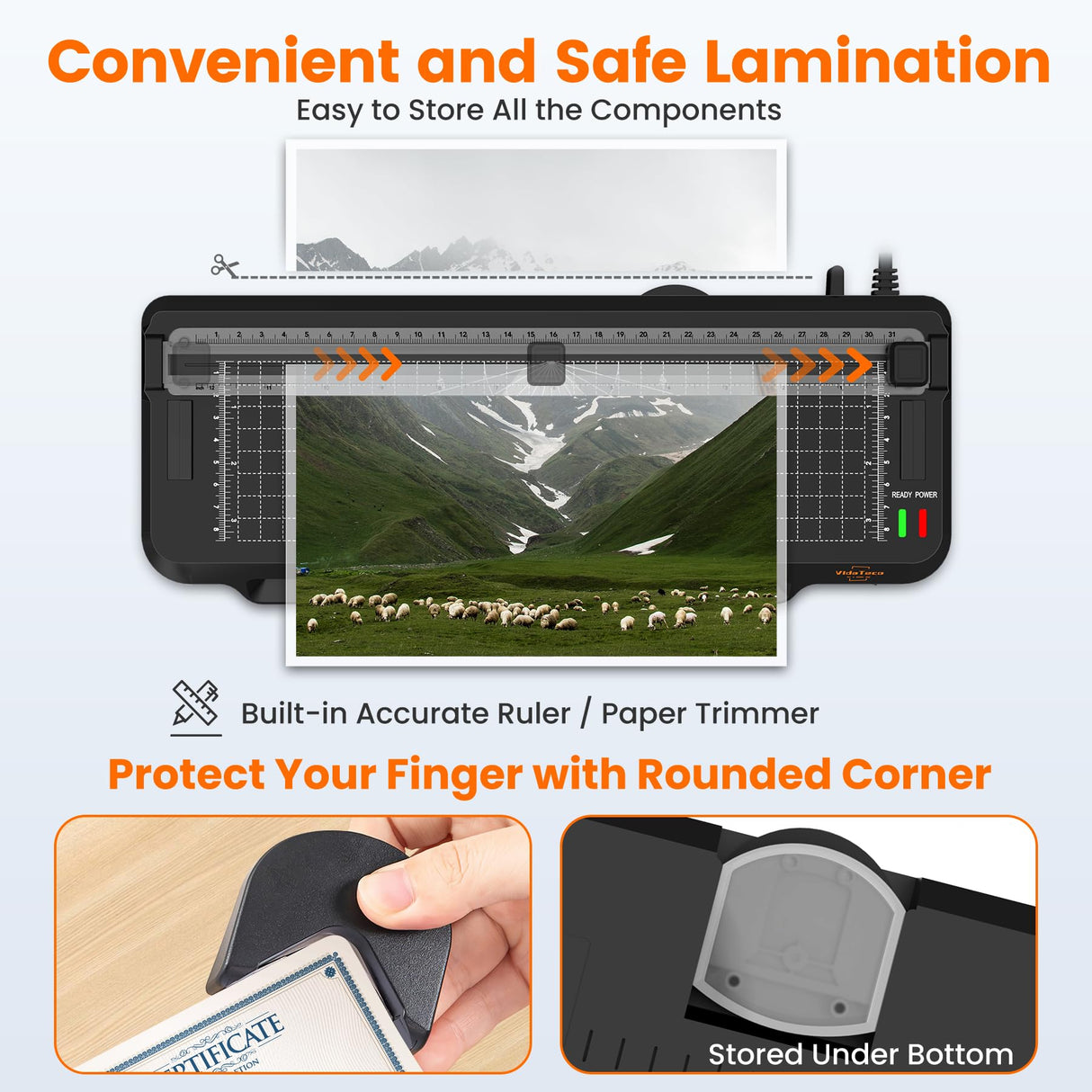 Laminator Machine,4 in 1 VidaTeco 9-inch Laminating Machine,2-Min Preheat,Thermal Cold Laminator with Laminating Sheets 20 pcs,Built-in Paper Cutter,Corner Rounder,Lamination for Home School VidaTeco