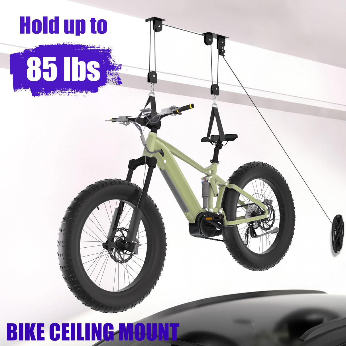 TRUSOON Bike Hoist, Heavy Duty Ebike Lift Pulley System for Garage Ceiling Overhead Storage for Bicycle, Ladders, Snowboard, Holds Up to 85 lbs Capacity, Fit 10-16 Foot High Ceilings TRUSOON