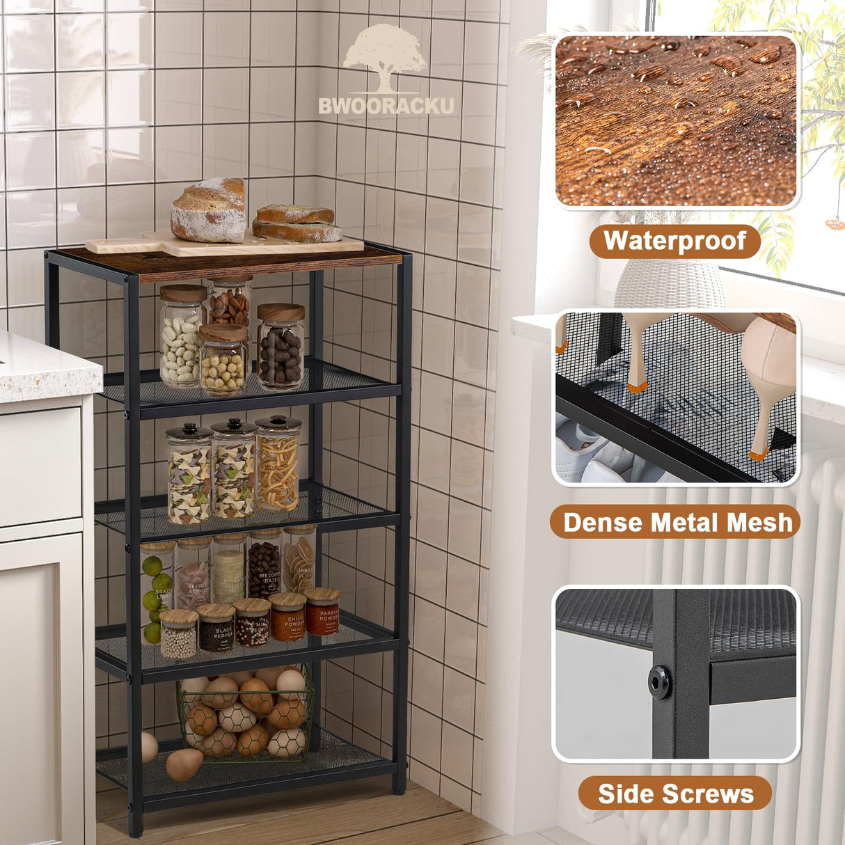 BWOORACKU Shoe Rack, 5-Tier Narrow Shoe Shelf with Dense Metal Mesh, Durable Industrial Freestanding Shoe Rack for Front Door Entrance, Hallway, Entryway, Living Room (29.92" H Rustic) BWOORACKU