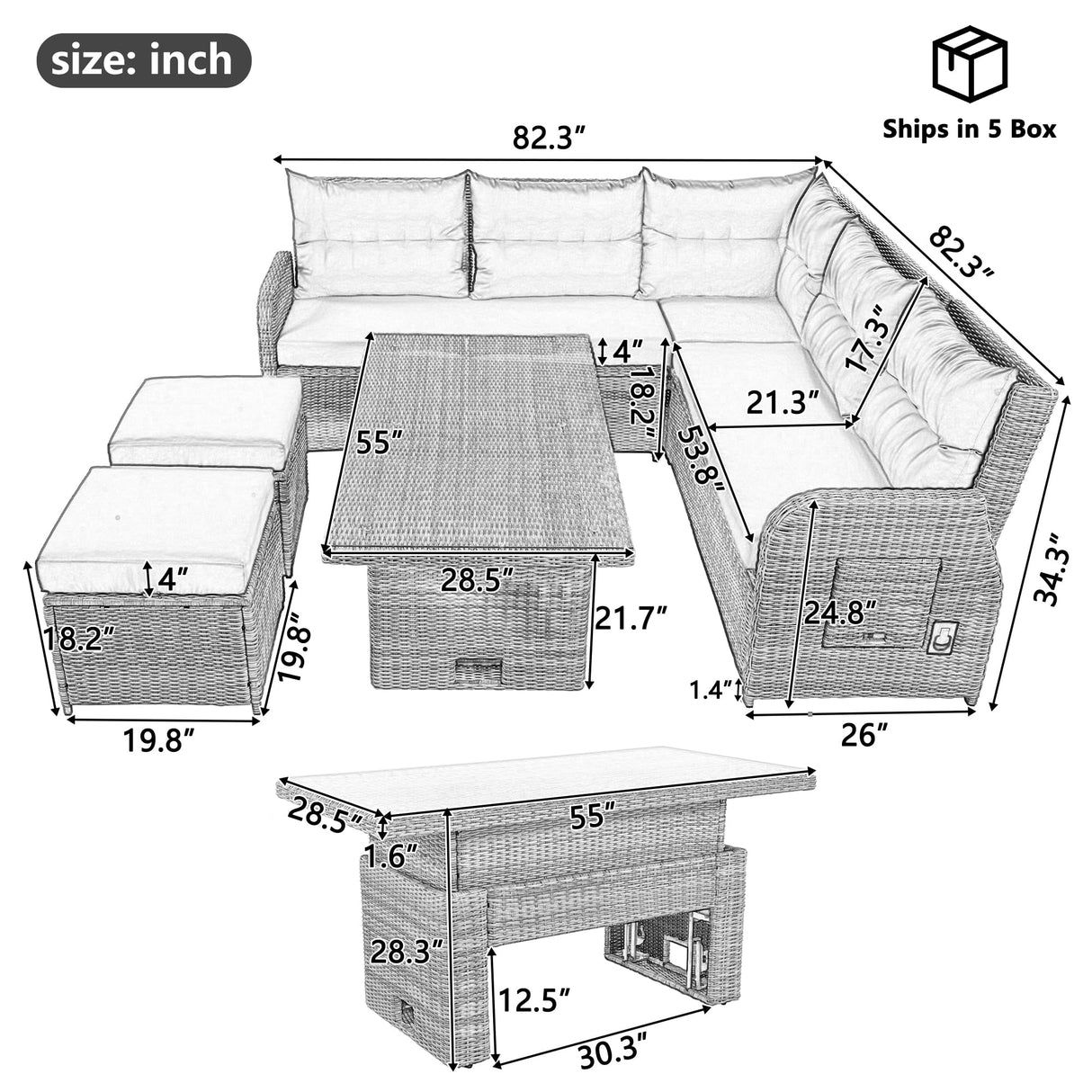 SOFTSEA 6-Piece Patio Furniture Set, Outdoor L-Shaped Sectional Recliner Sofa with 2 Ottomans, All Weather Cushions & Storage Table, Outdoor Conversation Set for Backyard, Beige SOFTSEA