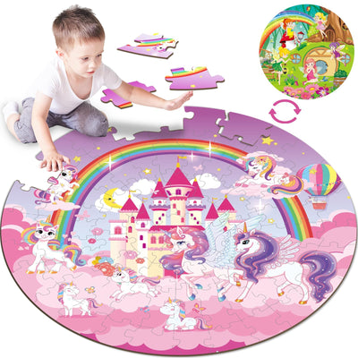 71Pcs Unicorn Fairy Jigsaw Puzzles for Girls Ages 3-5 Fairy Double Sided Puzzle for Kids Rainbow Castle Round Floor Puzzles Xmas Party Supplies Preschool Brain Teaser Educational Toys