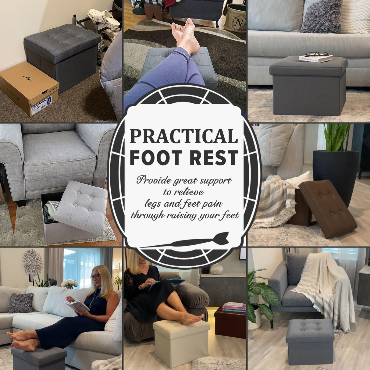 LINMAGCO Ottoman Storage Ottoman with Storage Small Foot Rest Stool Under Desk Stool Short Folding Footrest Linen Cloth Dark Gray 16X12X12IN LINMAGCO