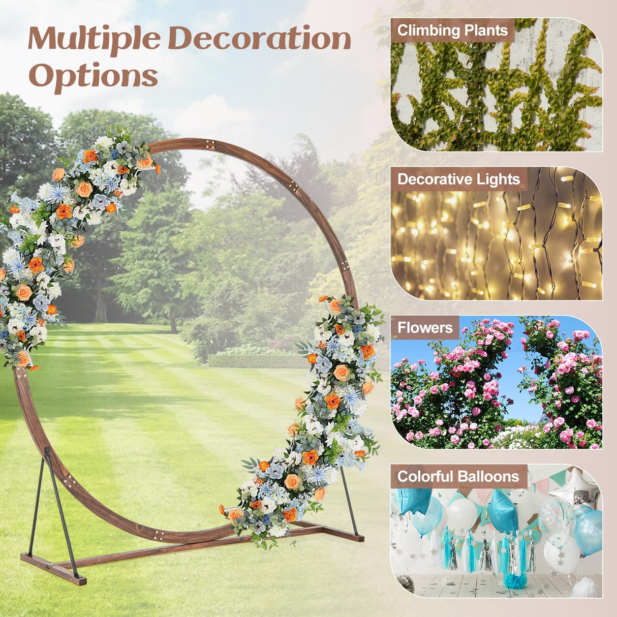Moccha Wedding Arch, 7.4 FT Wooden Arch Backdrop Stand, Outdoor Archway Pergola, Garden Arbor Trellis for Climbing Plants Flower Balloon, Rustic Wedding Decorations for Home Party Ceremony, Round LDAILY