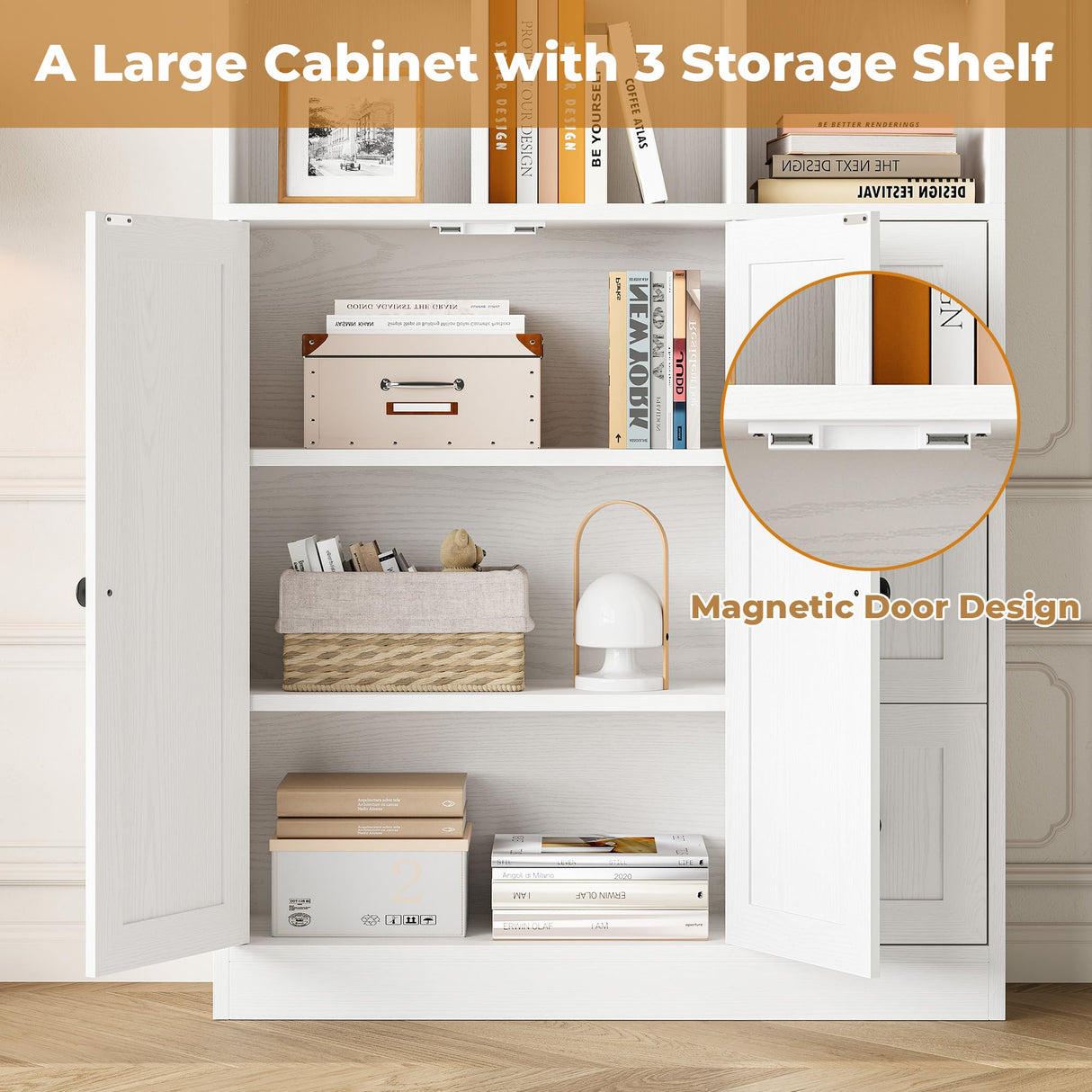 IRONCK Bookshelf and Bookcase with Doors and Drawers, 71" Tall 7 Tier Bookshelf with Display Storage Shelves for Home Office, White IRONCK