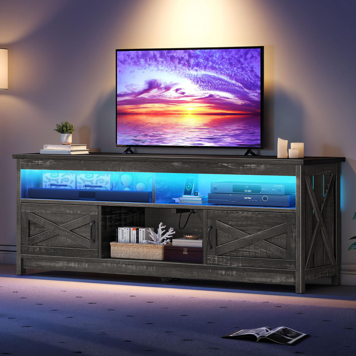 YITAHOME Farmhouse TV Stand for 65/55 Inch Television, LED Entertainment Center Television Stand with Power Outlets and Open Shelf, Media Console TV Cabinet for Living Room, Dark Grey YITAHOME