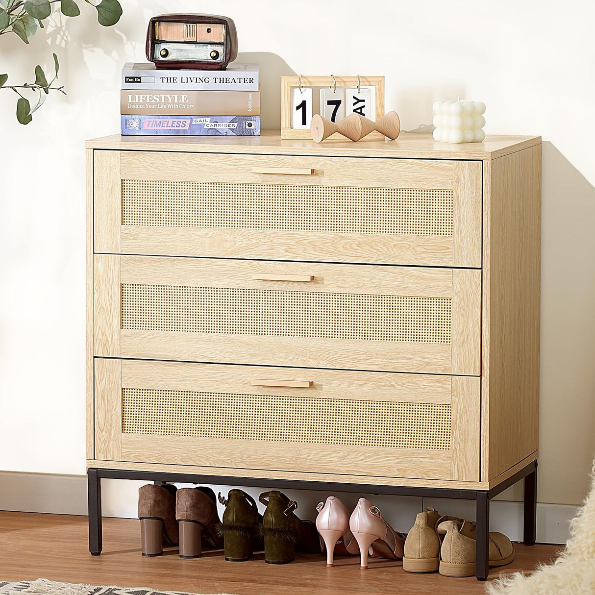 CCF Rattan Dresser 3 Drawer Dresser for Bedroom Mid Century Modern Dresser Natural Rattan Chest of Drawer Light Wood Dresser Boho Dressers for Entryway,Bedroom,Living Room,,Hallway,31.5'*31.5'*15' CCF