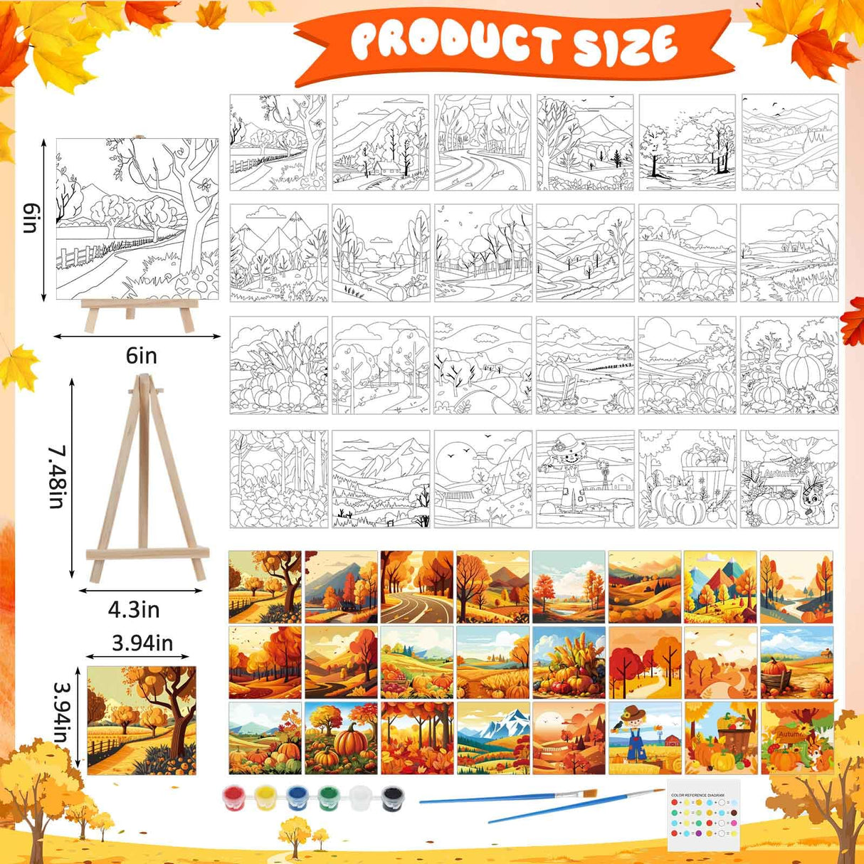 Tenceur 24 Pack Fall Pre Drawn Canvas for Painting Autumn Painting Canvas 6" x 6" Thanksgiving Predrawn Coloring Canvas Set for Adult Kid Maple Pumpkin Scarecrow Pre Stretched Canvas Board for Party Tenceur