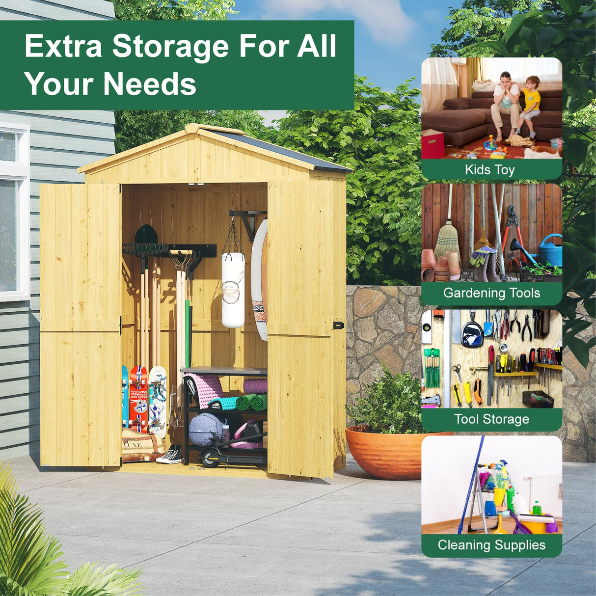 IWDOO Outdoor Storage Shed, 76'' Outdoor Shed Storage Cabinet, Garden Shed, Wood Tool Shed with Lockable Doors and Floor, Waterproof Roof for Yard, Patio, Deck, Porch, Lawn IWDOO