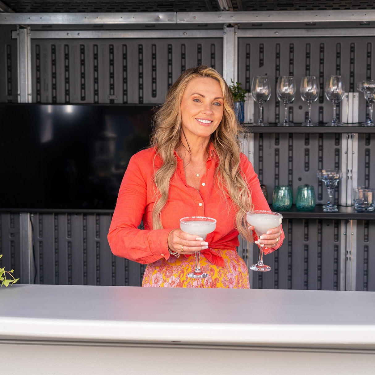 Suncast 8' x 7' Cabana Entertainment Storage Shed, All-Weather Outdoor Backyard Shelter with 2 Windows and Fold-Down Bar Top, Gray Suncast