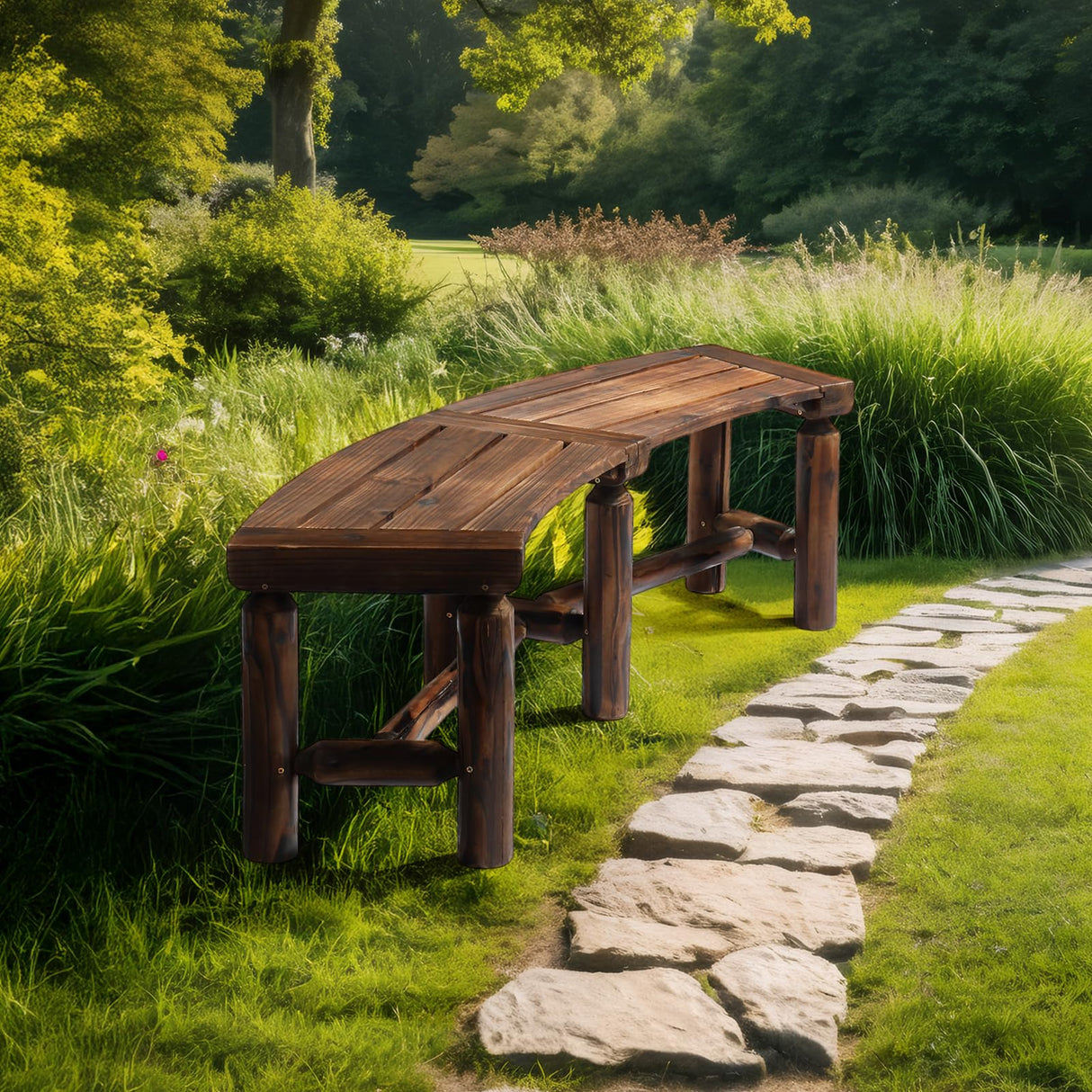 VINGLI Outdoor Bench Wooden Curved Bench, All-Weather Fire Pit Backless Patio Bench, 2-Person Seating Rustic Garden Bench for Backyard Porch Deck Entryway (Carbonized) VINGLI