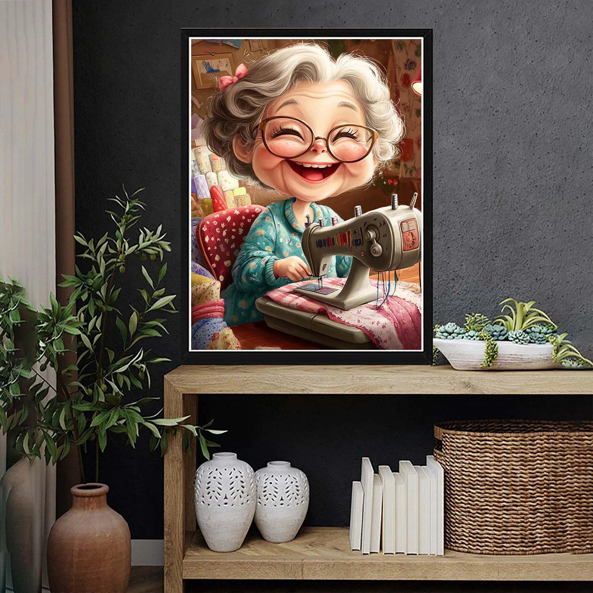 VAIIEYO 5D DIY Diamond Art Kits for Adults Sewing Machine, Diamond Art Cartoon Grandma, Diamond Painting Kits Full Drill Round Rhinestone Craft Canvas for Home Wall Decor Gift 12x16 inch VAIIEYO