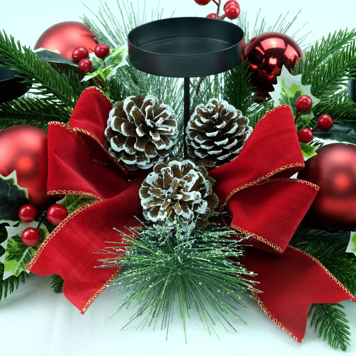 YULETIME 28" Christmas Triple Candelabrum, Holiday Candle Holder with Three Trays, Red Bowknot & Baubles, Natural Pine Cones, Red Berries, Green Leaves Holly, Spruce Branches, Pine Needles YULETIME