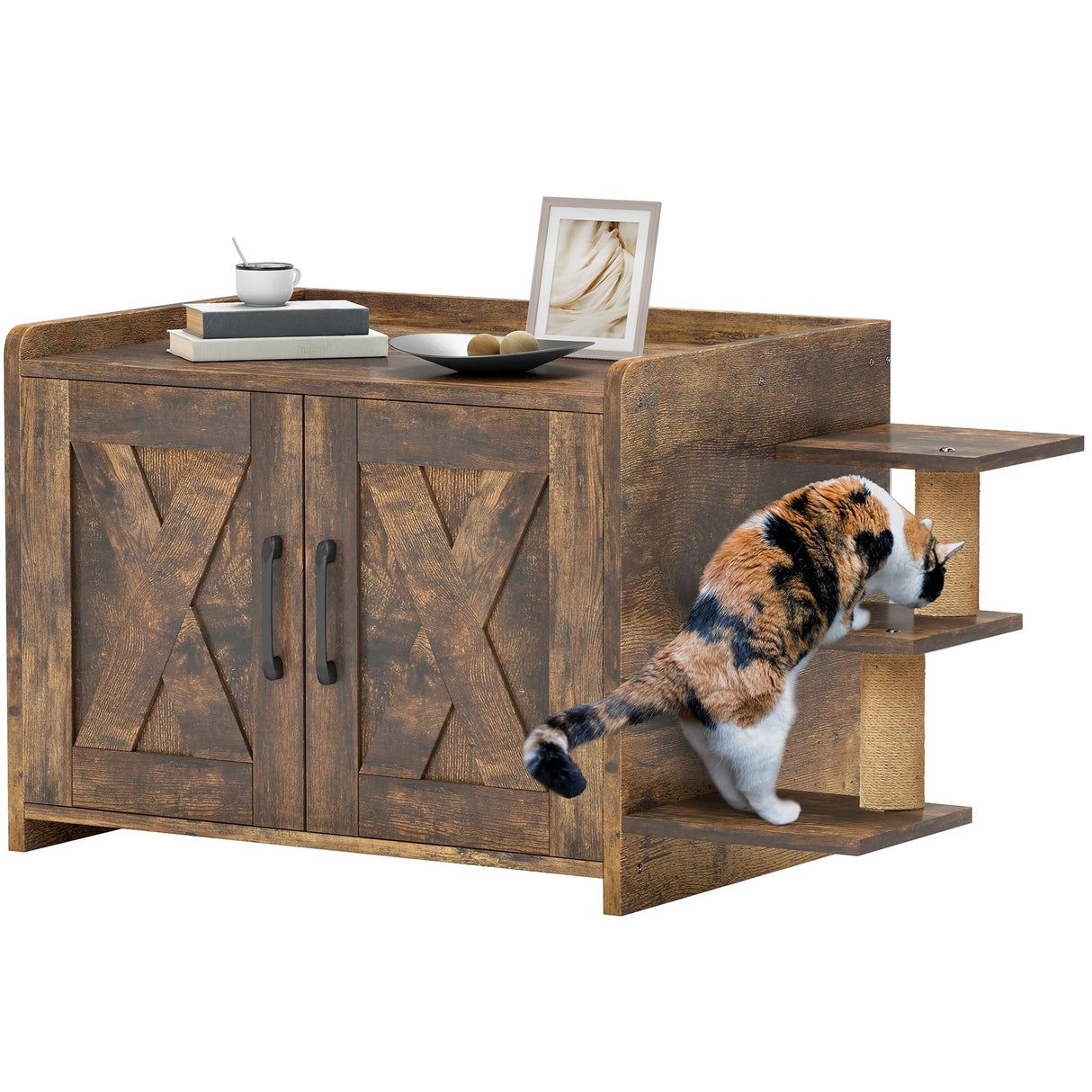 YITAHOME 27" Cat Litter Box Enclosure, Modern Cat Litter Box Furniture Hidden with Scratching Post&cusion, Wooden Cat House as Side End Table Nightstand, Fit Most of Litter Box, Brown YITAHOME