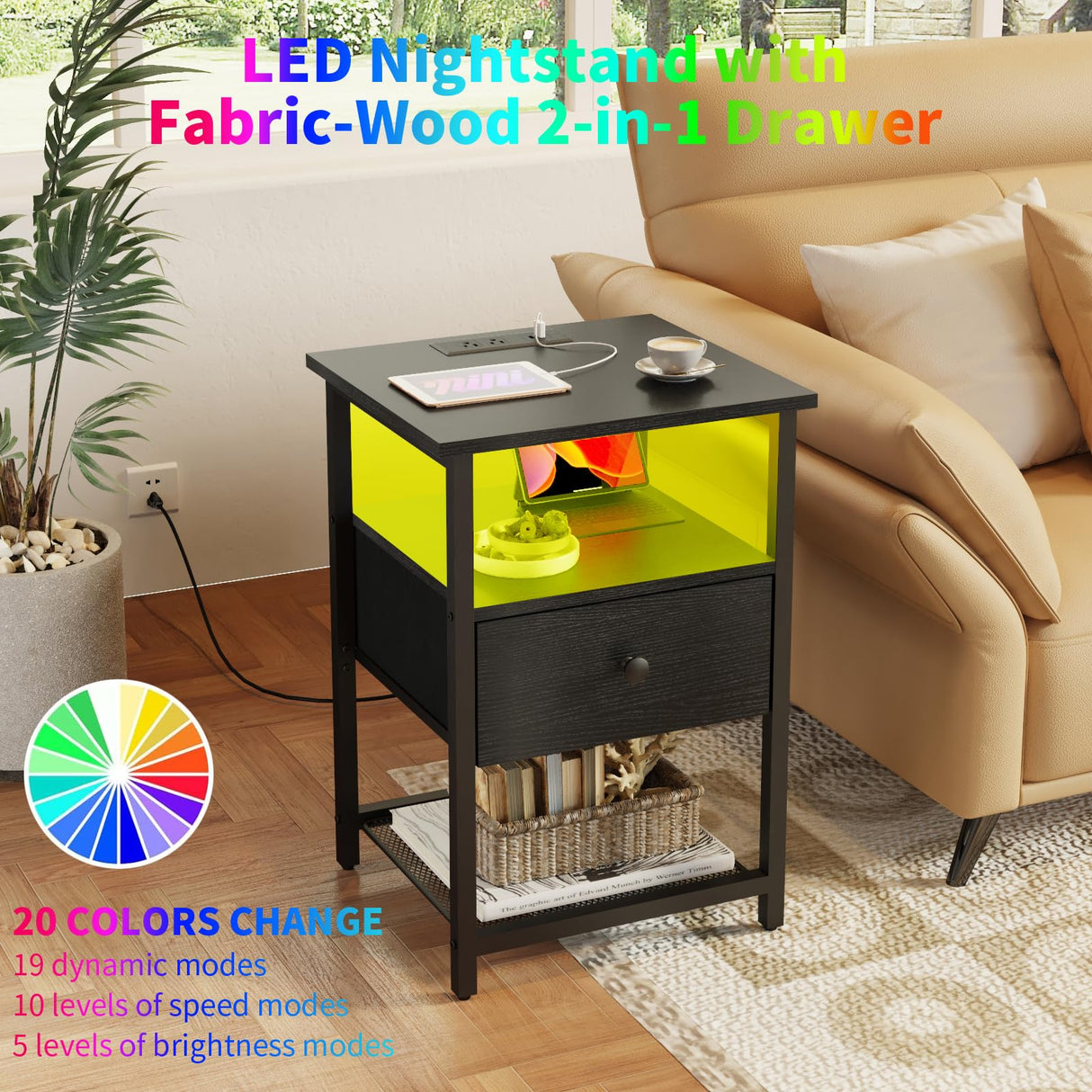 HDDDZSW LED Nightstands set of 2 with Charging Station, Bedside Tables with USB Ports and Outlets, End Table with Fabric-Wood 2-in-1 Drawer for Small Spaces, Black Side Table for Bedroom, Living Room HDDDZSW