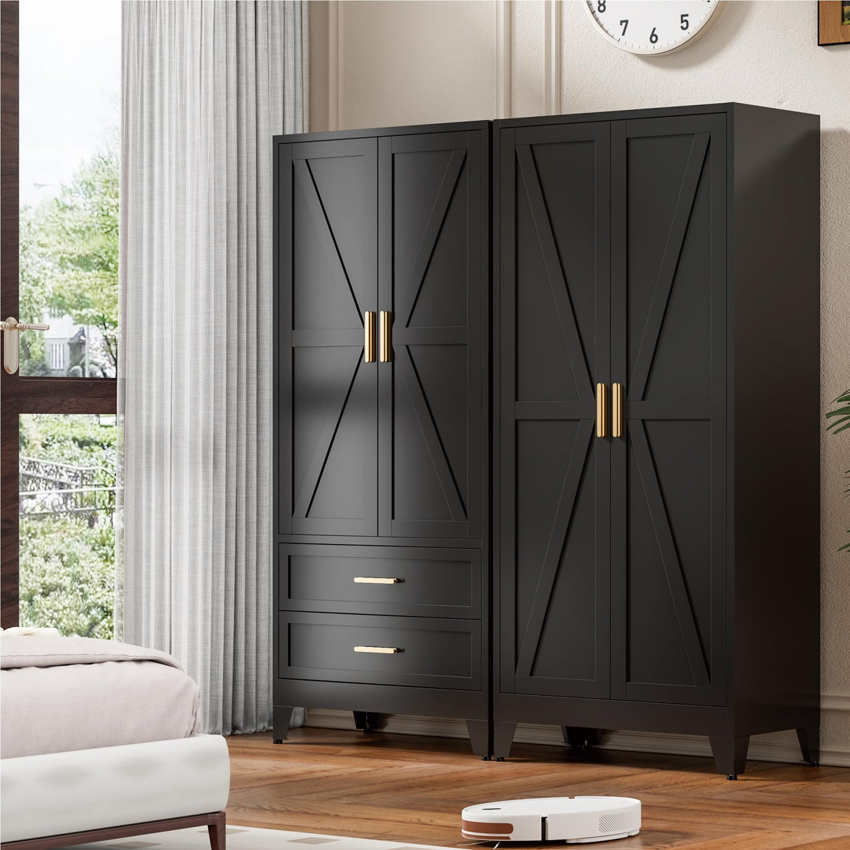 Washsemba 71'' Farmhouse Metal Wardrobe Cabinet with Hanging Rod, 2 Barn Door Wardrobe Closet with Adjustable Shelves,2 Drawer,for Dining Room,Bedroom,Living Room, Cloak Room,Office (Black) Washsemba