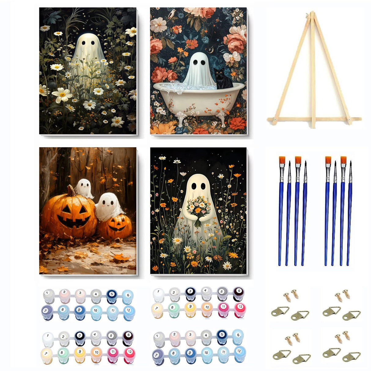 4 Pack Ghost Paint by Numbers Kit for Adults with Frame,Halloween Paint by Number with Wooden Easel DIY Landscape Adult Paint by Number Kits for Home Decor 9x12inch Kaixine