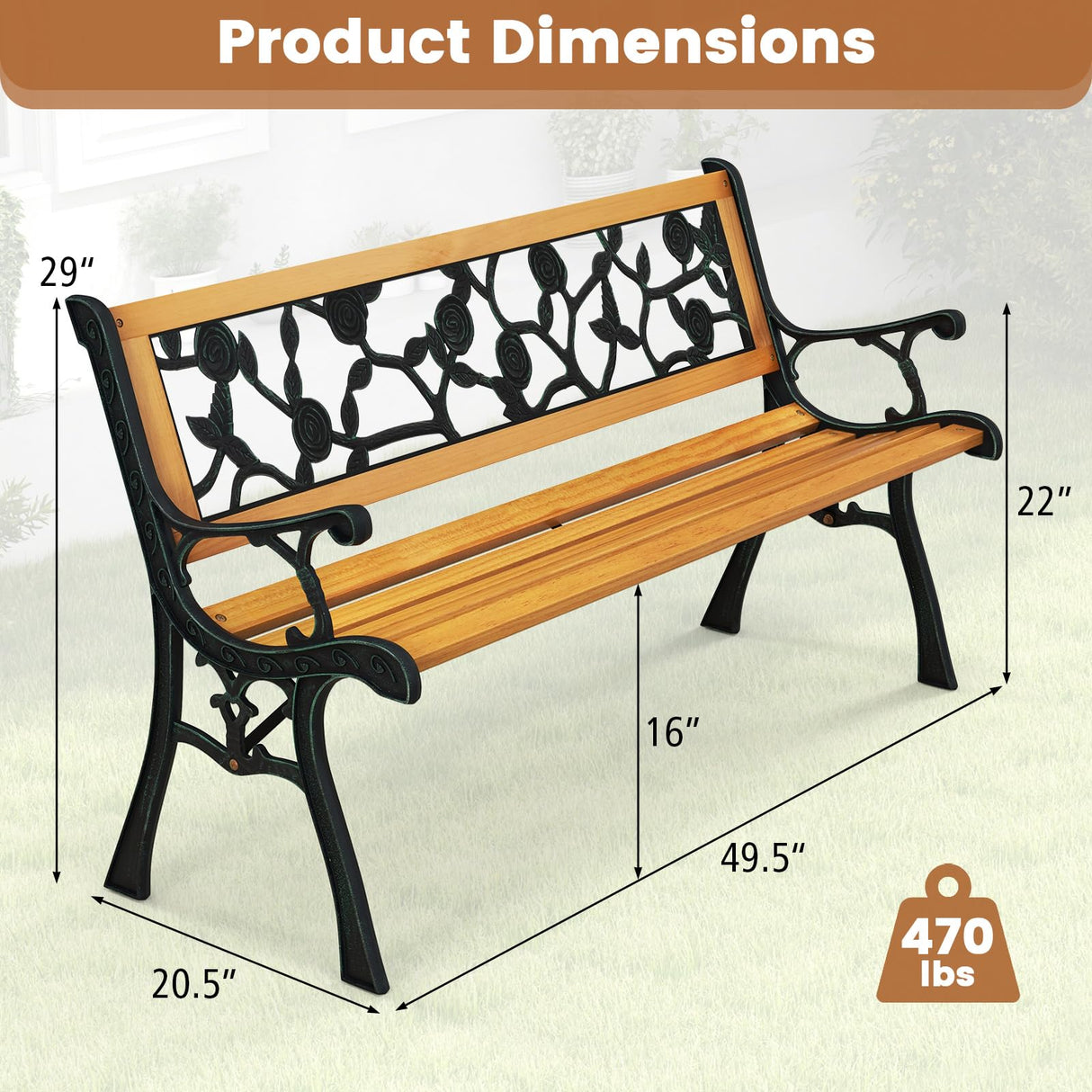 Tangkula Outdoor Garden Bench Park Bench, Patio Iron Bench Chair with Cast Iron & Hardwood Structure, Weather Proof Porch Loveseat, Perfect for Backyard, Deck, Lawn, Poolside Tangkula