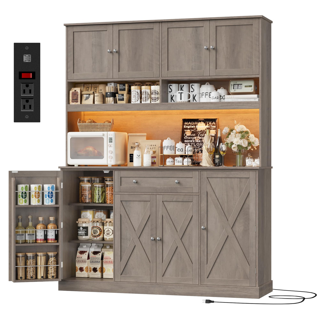 HIFIT 72.8” Tall Kitchen Pantry Cabinet with LED & Charging Station, 55” Wide Farmhouse Pantry Storage Cabinet with Microwave Stand&Shelves&Barn Doors, Kitchen Hutch Coffee Bar for Living Room, Grey HIFIT
