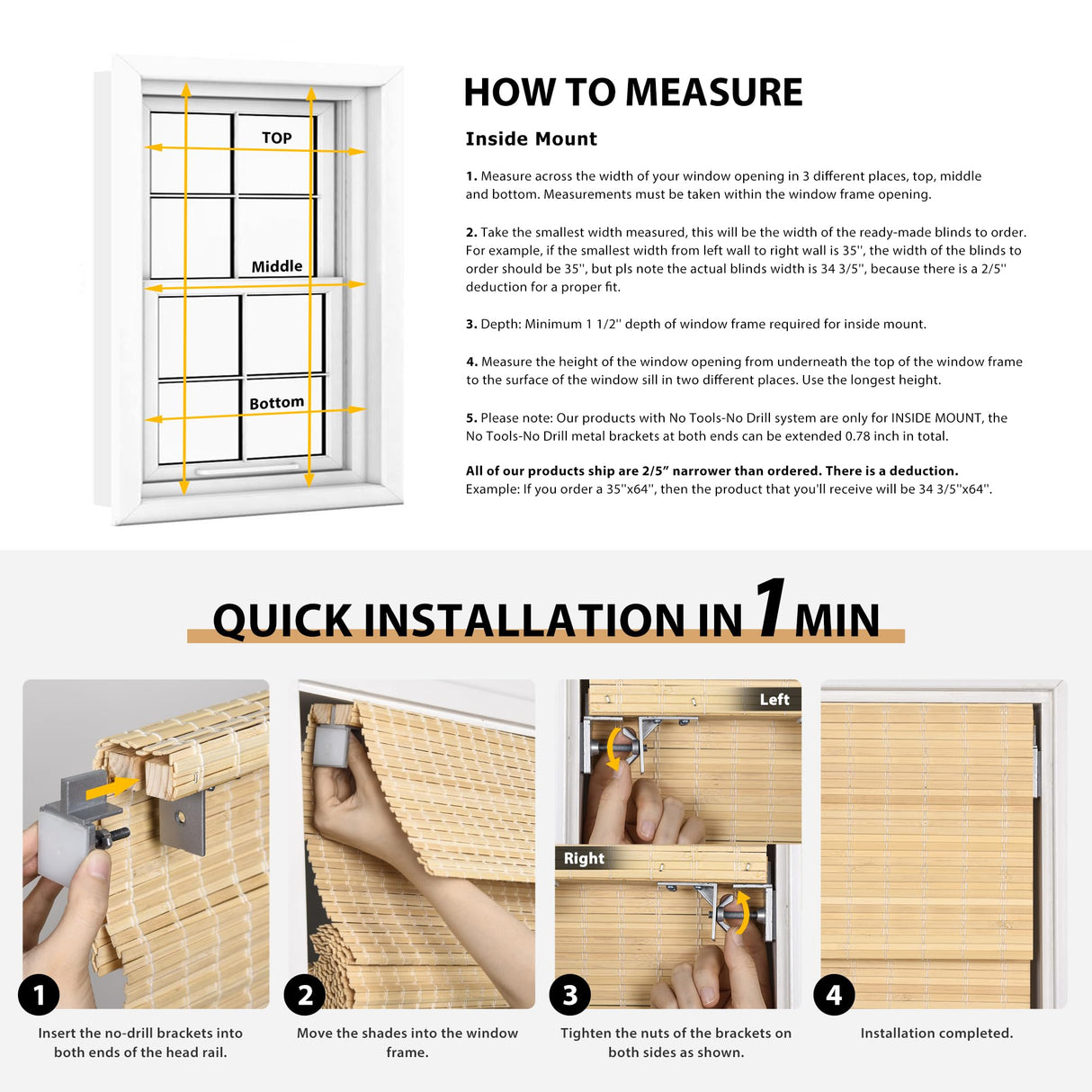 LazBlinds No Tools No Drill Cordless Bamboo Roman Shades, Privacy Room Darkening Window Treatment, Roll Up Bamboo Blinds for Window 32'' W x 64'' H, DP-Natural LazBlinds