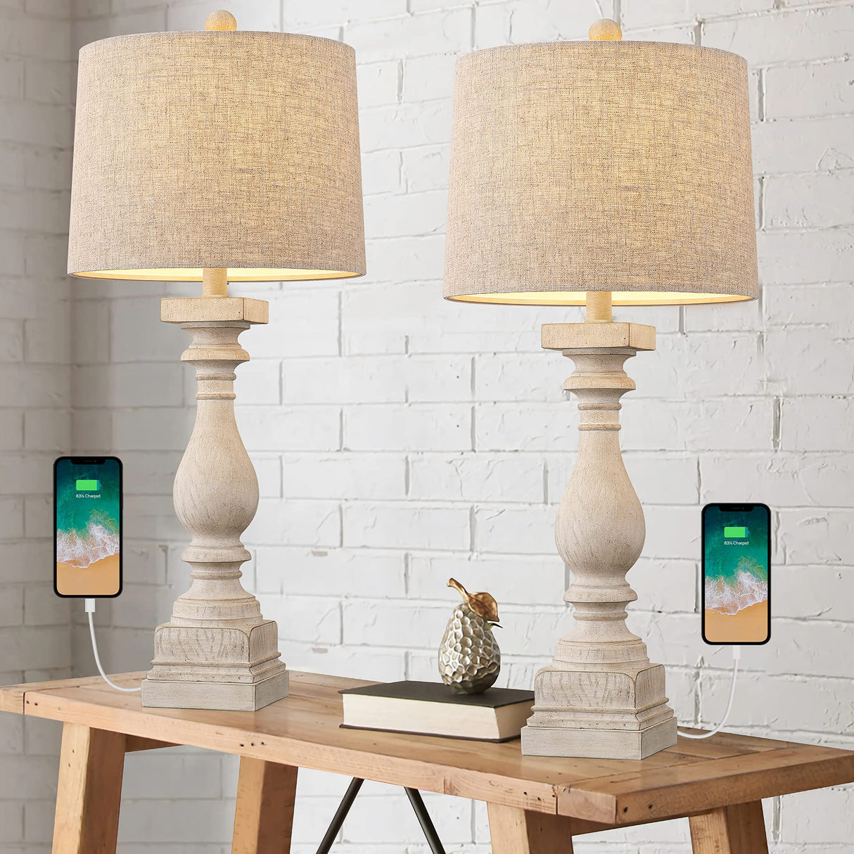 BOBOMOMO 27.75" Table Lamp with USB C+A Charging Ports Set of 2 Antique Nightstand Lamp for Bedroom Living Room Farmhouse Office Retro Rustic Resin Bedside Desk Lamps Washed White BOBOMOMO