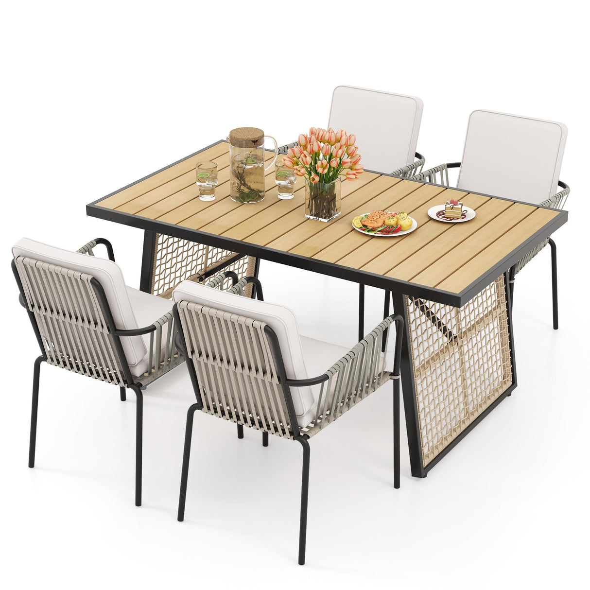 YITAHOME 5 Piece Patio Dining Set Outdoor Furniture Stackable All-Weather Comfortable Rope and Rattan Chairs & Rectangular Table for Courtyard Backyard Poolside Balcony, Nature Wood & Grey YITAHOME