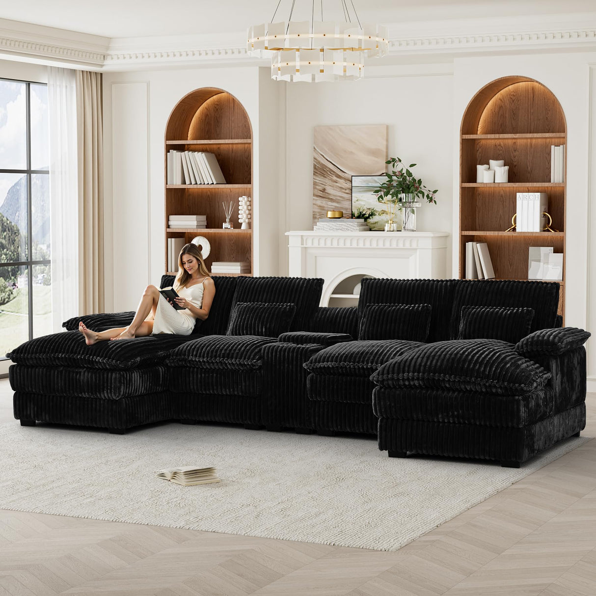 HYJT-H&K 124" U Shaped Cloud Couch Sectional, Comfy Fluffy Plush Corduroy Black Sectional Couches for Living Room, Modern Modular Corduroy Couch Sectionals with Central Console & Double Chaise Lounge HYJT-H&K