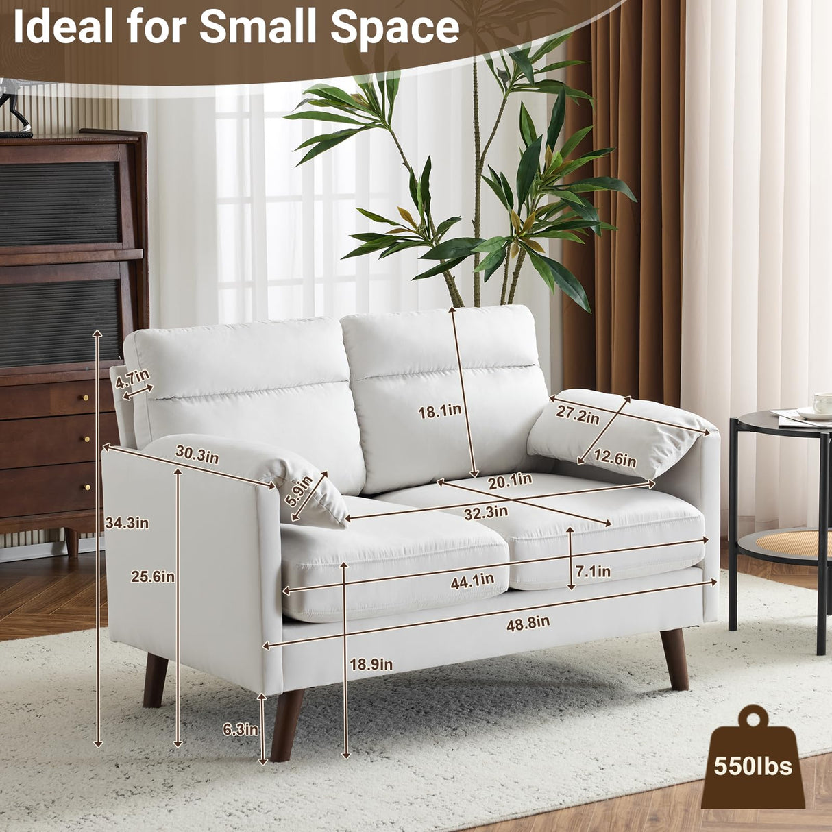 Karl home Mini Loveseat Sofa Couch, 48.8" Small Loveseat with Suede Nap Upholstery for Living Room, Comfy Seating Love Seat for Small Space, Apartment, Home Office, Beige Karl home