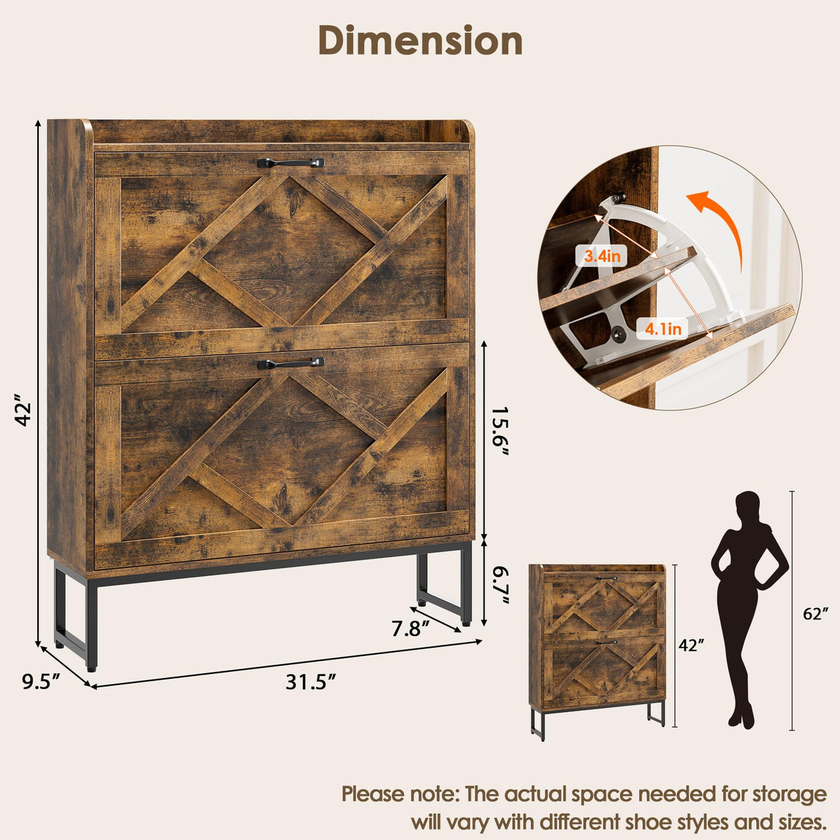 Nicetree Shoe Cabinet Organizer with 2 Flip Drawers, Freestanding Narrow Rack with Metal Legs, Farmhouse Slim Shoe Storage for Entryway, Foyer, Hallway, Rustic Brown Nicetree