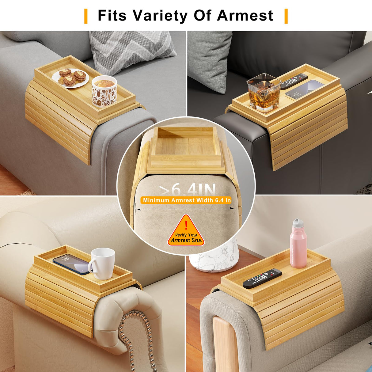 Bestjing Bamboo Sofa Armrest Tray Table for Couch - 2-in-1 Couch Arm Table Tray with Be Slide Detachable Tray - Anti-Slip Foldable Armchair Table Tray for Drinks Cup Cellphone Remote Snacks (Bamboo) Bestjing