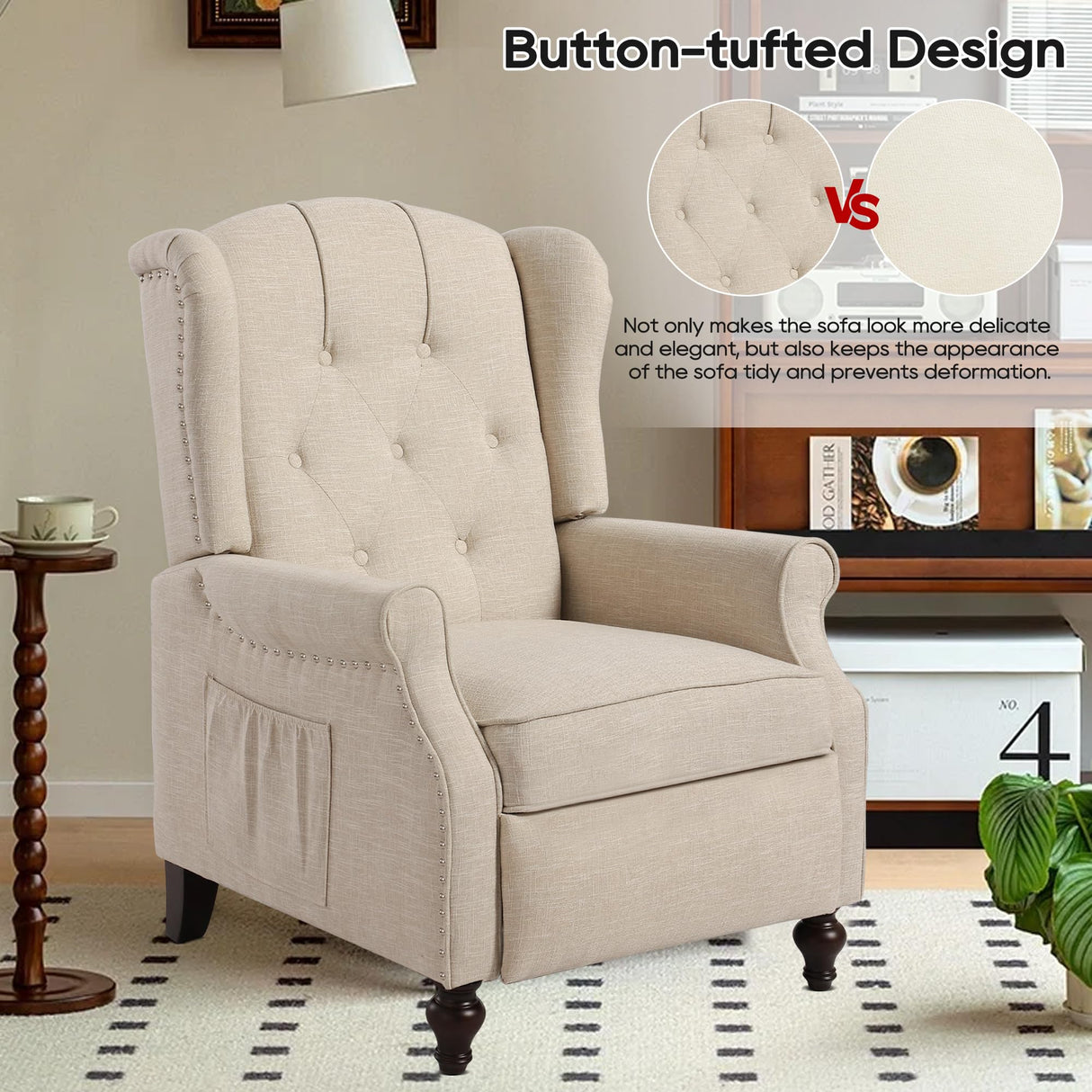 Mid-Century Wingback Recliner Chair with Massage & Heat, Accent Recliner with Nailhead Trim, Armchair with Side Pockets & Solid Wood Legs, Adjustable 3-Position Reclining Chair for Living Room, Beige GUEAPY